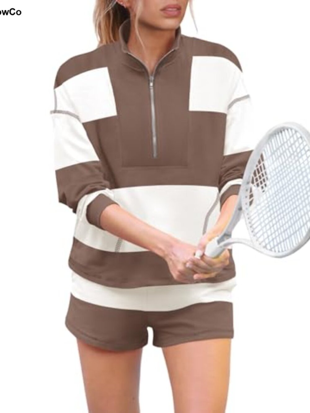 Oversized Striped Half-Zip Workout Set Long Sleeve Top & Shorts 2 Piece